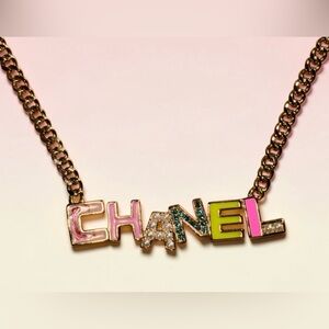 Multicolor Enamel & Crystal CHANEL Logo gold tone Chain necklace